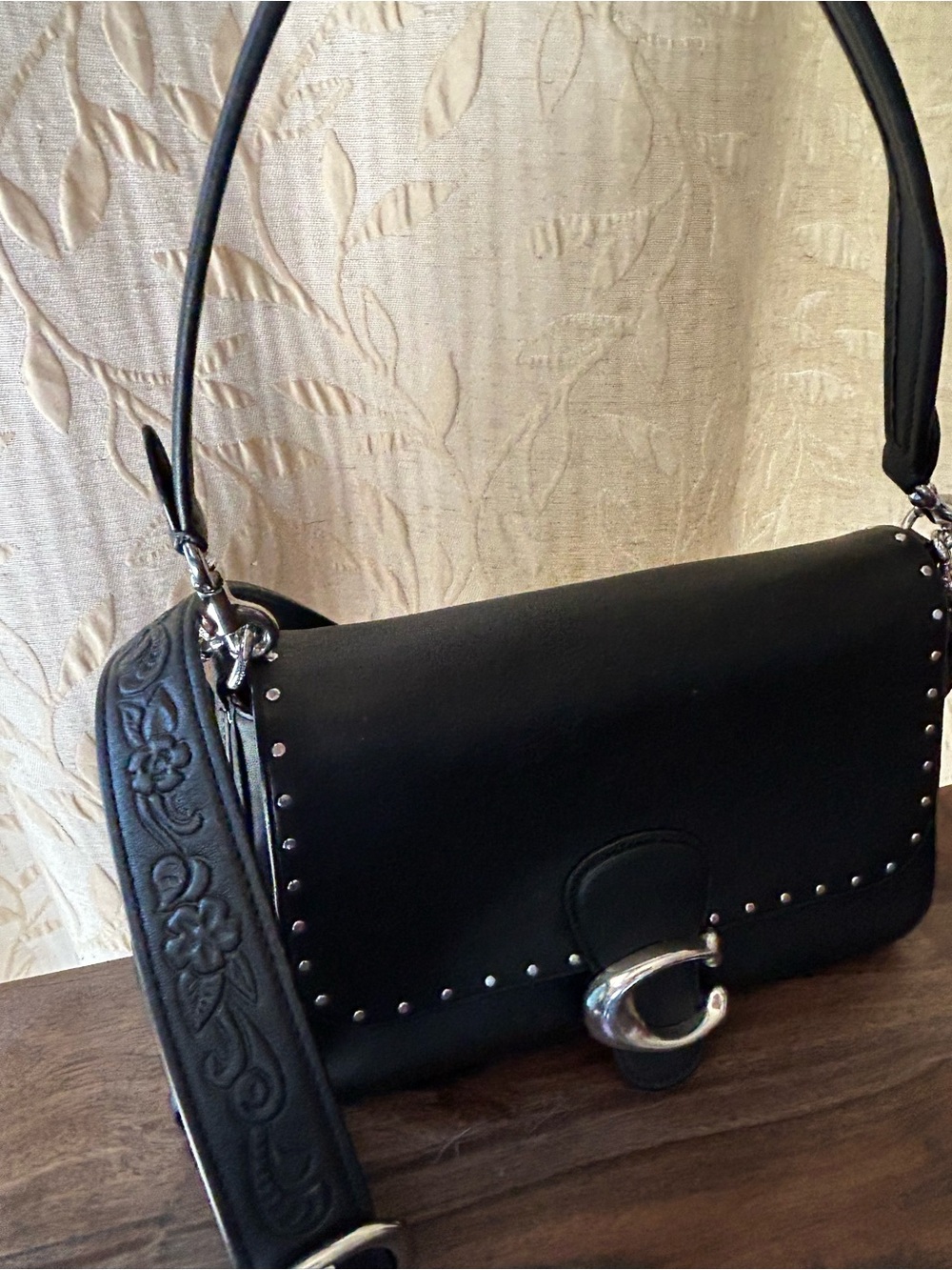 Black Tabby w/rivetsLeather Shoulder Bag w/Embossed crossbody strap NWOT
